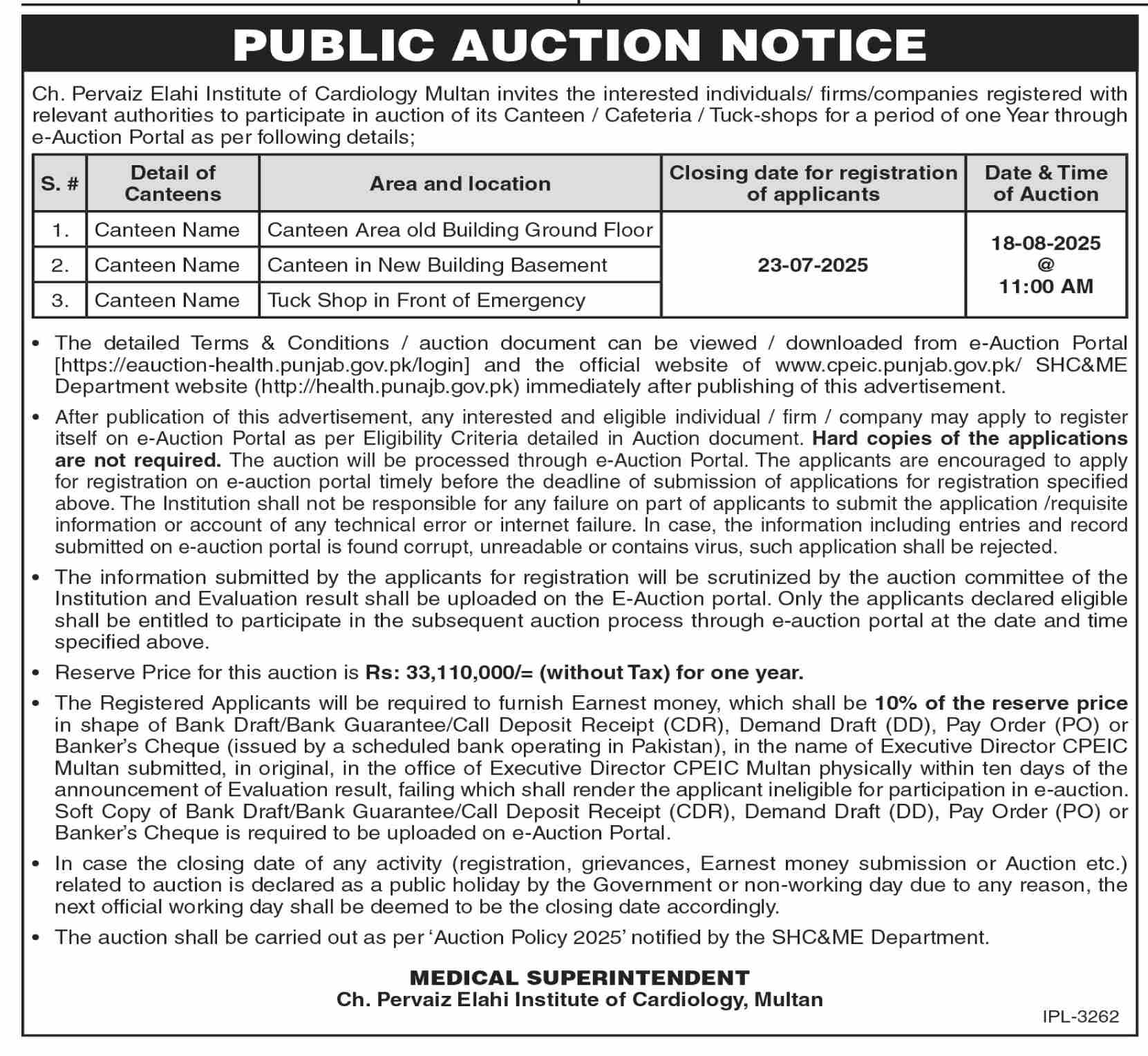 Ch Pervaiz Elahi Institute of Cardiology Multan Tender Notice